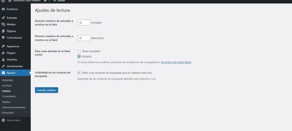 Ajustes Lectura en WordPress