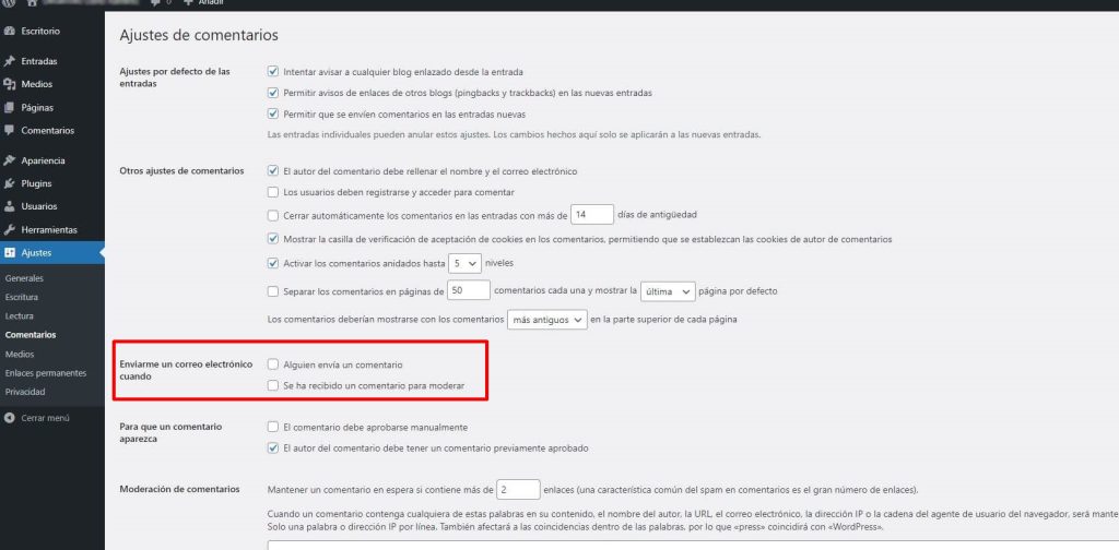 Ajustes de comentarios en WordPress