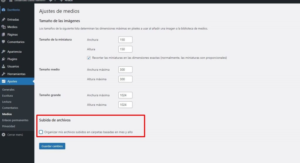 Ajustes de Medios en WordPress