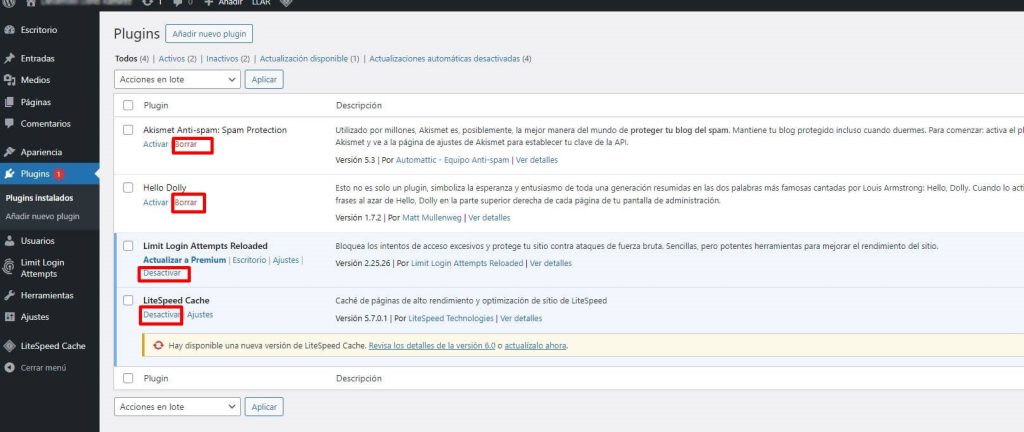 Eliminación plugin en WordPress