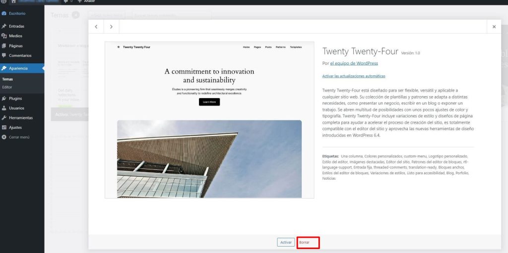 Eliminación total de temas Borrar en WordPress